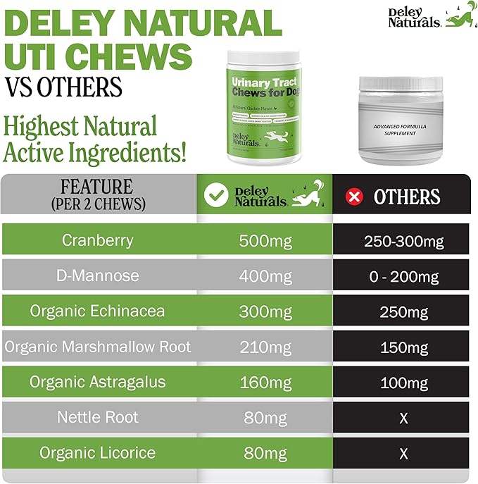 Deley Naturals Dog UTI Chews - Vet-Grade Cranberry Supplement for Dogs with D-Mannose & Echinacea for Bladder & Urinary Tract Health - Urinary Tract Supplements for Small to Large Breeds - 120 Chews