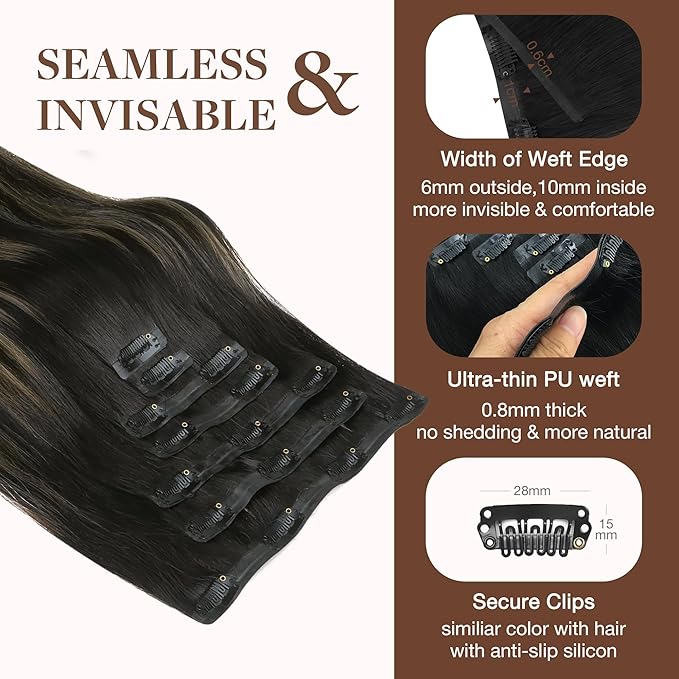 GOO GOO Clip in Hair Extensions Real Human Hair, Remy Human Hair Extensions Clip ins for Women, Natural Human Hair, 22inch 150g 7Pcs, 1B/16/1B Balayage Natural Black to Light Blonde