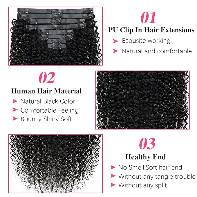 Seamless Curly Clip ins Hair Extensions Real Human hair Brazilian Virgin 3c 4a Curly Clip on Human Hair Extensions (14inch,#1B)