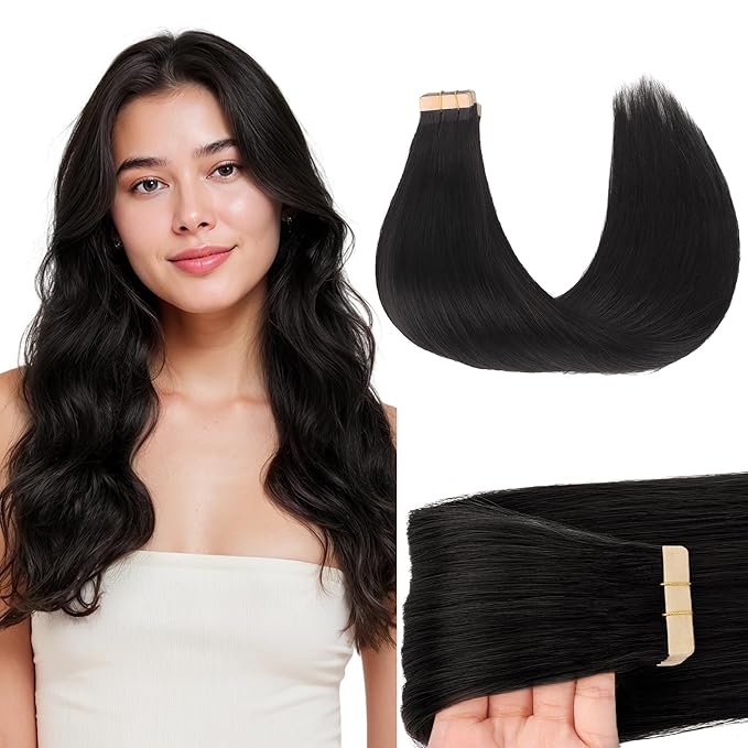 GOO GOO Tape in Hair Extensions Human Hair, 1B Natural black, 20inch 50g 20pcs, Skin Weft Seamless Invisible, Silky Straight with Thick Ends, Remy Human Hair
