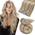 Moresoo Clip in Hair Extensions Blonde Highlight Straight Real Hair Extensions Clip in Human Hair Light Brown with Blonde for Party Women Full Head 7pcs 120g 18inch