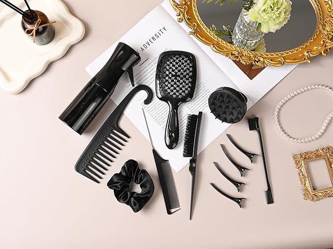 12 Pcs Hair Styling Brush Set with Detangler, Teasing, Rat Tail, Edge Brushes and Baby Hair Brushes - Soft Bristles for Baby Girls and Women (Black)