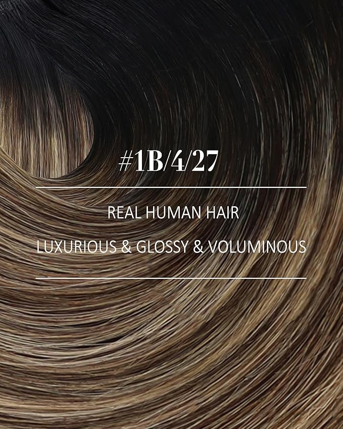 YoungSee 135G Clip in Human Hair Extensions Black Ombre Hair Extensions Clip ins Balayage Black Roots to Brown with Caramel Blonde Clip on Hair Extension Real Human Hair 18In 7Pcs