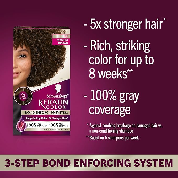 Schwarzkopf Keratin Permanent Hair Dye Cream, 5.0 Medium Brown, Professional Quality Color for Up to 100% Gray Coverage, Bond Enforcing System