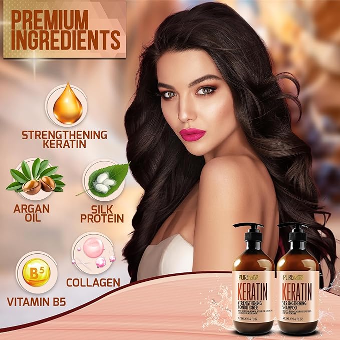 Keratin Shampoo and Conditioner Set - Sulfate and Paraben Free Treatment for Dry Hair - Anti Frizz, Collagen Enriched Formula for Curly or Damaged Hair - Safe for Men and Women with Color Treated Hair