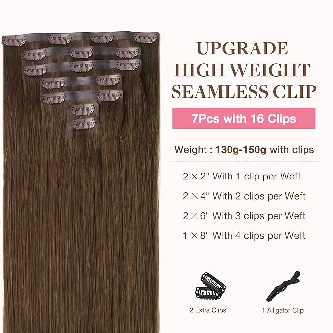 GOO GOO Clip in Hair Extensions Real Human Hair, Remy Human Hair Extensions Clip ins for Women, Natural Human Hair, 22inch 160g 7Pcs, #4A Chocolate Brown