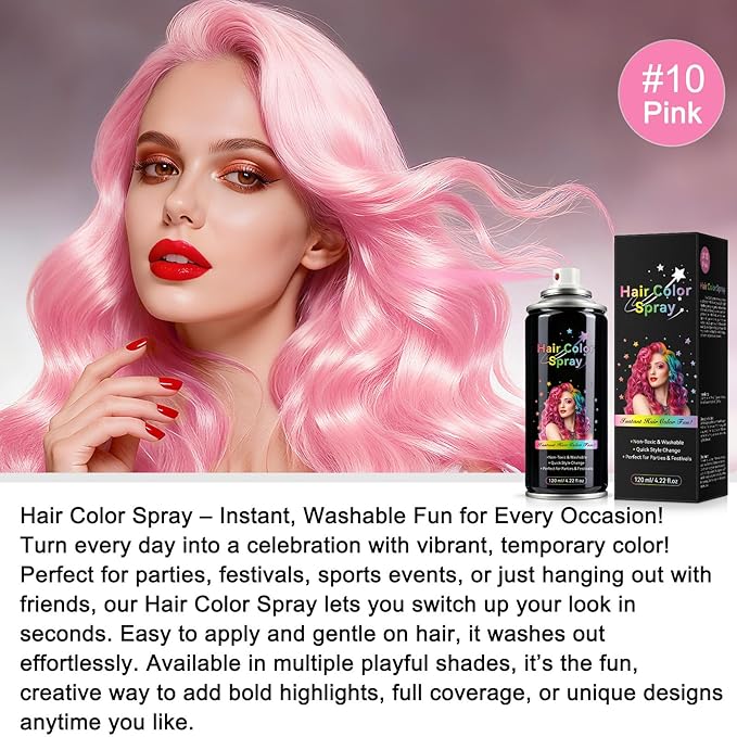 Temporary Hair Color Spray - Instant Washable Hair Dye for Kids & Adults, Non-Toxic & Non-Sticky Formula for Halloween, Cosplay, Parties & Festivals - Lasts All Day, Easy Wash Out - 4.22 fl oz (Pink)
