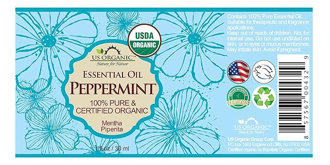 US Organic 100% Pure Peppermint Essential Oil - USDA Certified Organic - 30 ml Pack of 2 - w/Improved caps and droppers (More Size Variations Available)