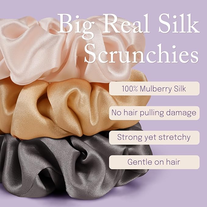 OLESILK Silk Scrunchies Oversized 100% Mulberry: Large for Long Thick Hair, Soft and Smooth for No Damage Hair Care Sleeping, Vintage Fashion