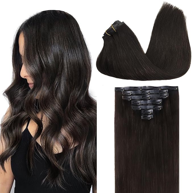 GOO GOO Clip in Hair Extensions Real Human Hair, Remy Human Hair Extensions Clip ins for Women, Natural Human Hair, 18inch 110g 7Pcs, 2 Dark Brown