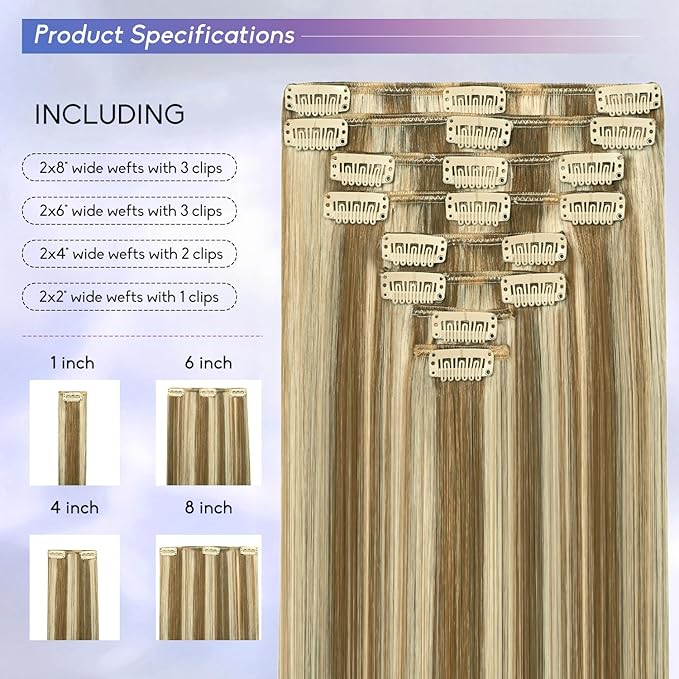 Blonde Clip in Hair Extensions Real Human Hair, 14 Inch 75g Natural Human Hair, Remy Human Hair Extensions Cip ins for Women 8pcs Per Set #16/22 Light Blonde Highlighted Golden Blonde