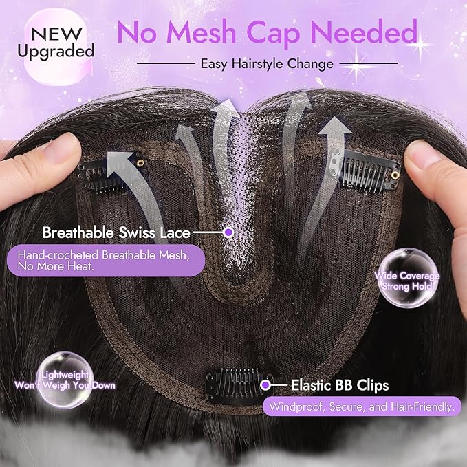Brown Highlight Hair Toppers for Women with Thinning 3D 360° Cover Clip in Wispy Bangs Upgraded Adjustable Bandage 24 Inch Long Layered