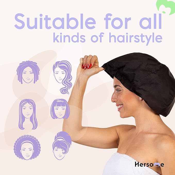 2 Premium Shower Cap for Women - 500+ Showers, 100% Waterproof, Double-Sided, For Long Hair & Great For Curls (Anti-Frizz) (Black & Purple)