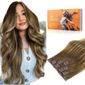DOORES Seamless Clip in Hair Extensions Real Human Hair, Medium Brown Highlighted Dirty Blonde 18 Inch 110g 7pcs, Human Hair Extensions Skin Weft Remy Straight Hair Invisible Edge Hair Extensions