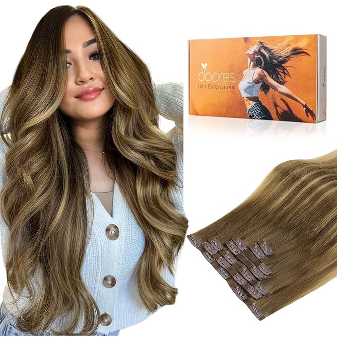 DOORES Human Hair Clip in Extensions, Medium Brown Highlighted Dirty Blonde 22 Inch 150g 7pcs, Seamless Clip in Hair Extensions Remy Straight Thick Hair Thin Weft Invisi Edge Hair Extensions
