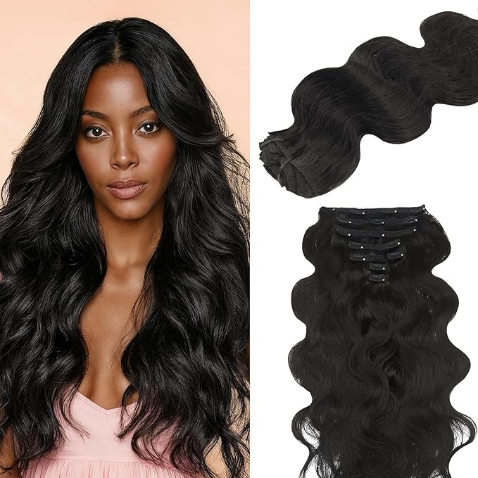 Lashey Body Wave Clip in Hair Extensions for Women 26 Inch 7pcs 120g Natural Black Clip in Hair Extensions with Lace Weft Long Remy Human Hair Extensions