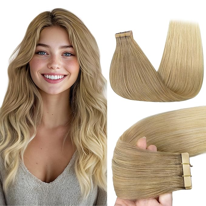 GOO GOO Tape in Hair Extensions Human Hair, O18G/22G(L) Golden Beige Blonde with Ash Highlights, 12inch 40g 20pcs, Skin Weft Seamless Invisible, Silky Straight with Thick Ends, Remy Human Hair