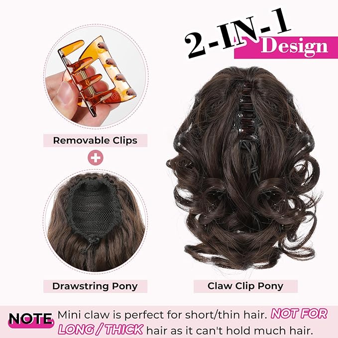 REECHO Ponytail Extension, 9" Short Curly Wavy Claw Clip Pony tails Hair Extensions HP001 Hairpieces for Women - Black