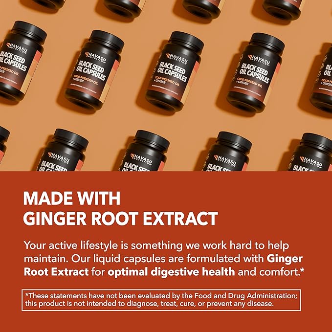 Black Seed Oil Capsules with Ginger Root Extract for Digestive Health & Immune Support - Cold Pressed Black Cumin Seed Oil & Ginger Supplement - 60 Count - Vegan, Non-GMO, Unflavored - 1 Month Supply