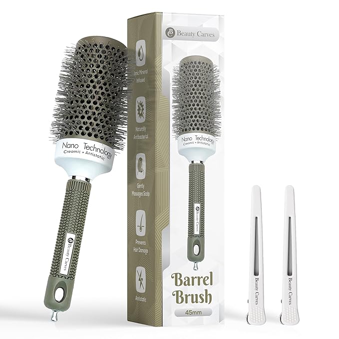 Round Brush, 45 mm/1.7 Inch Barrel with 2 Clips – Round Hair Brush with Flexible Nylon 66 Bristles Nano Ionic Heat Resistant Tech for Professional Curling, Styling & Shining Texture
