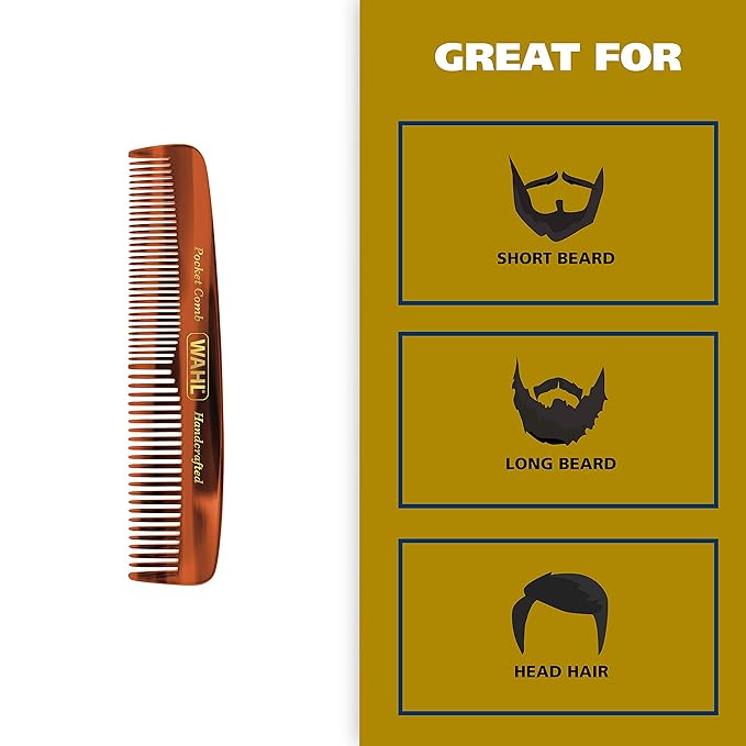 Wahl Beard, Mustache, & Hair Pocket Comb for Men's Grooming - Handcrafted & Hand Cut with Cellulose Acetate - Smooth, Rounded Tapered Teeth - Model 3324