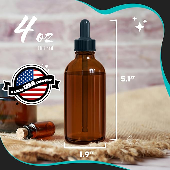 Nevlers 3 Pack Amber Dropper Bottle 4oz Set | Amber Tincture Bottles with Dropper, Shrink Wraps and Funnel | Leakproof Small Oil Bottles for Hair or Eye Dropper Bottle