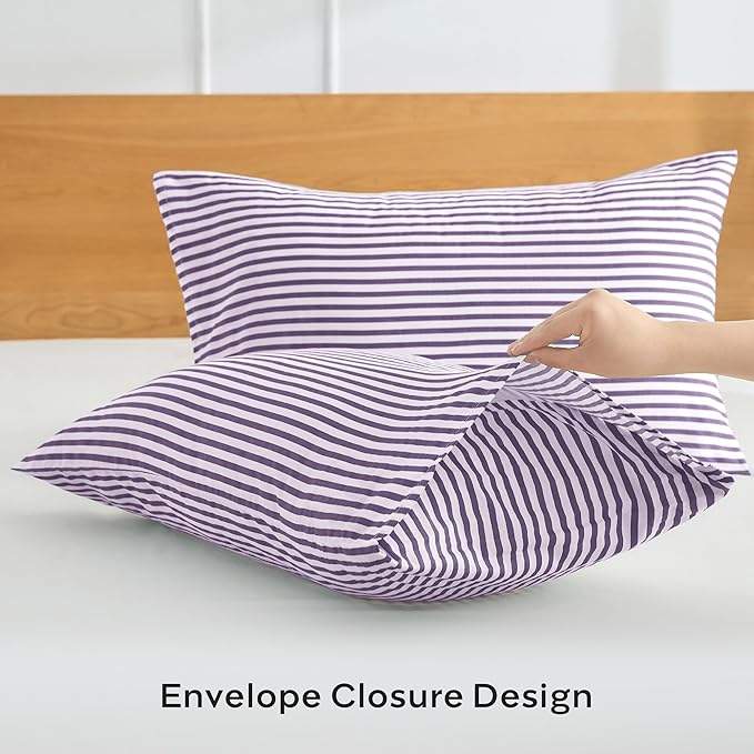 JELLYMONI 100% Natural Cotton Striped King Pillowcases Set, 2 Pack White and Purple Stripes Pattern Printed Pillow Covers with Envelope Closure(Pillows are not Included)