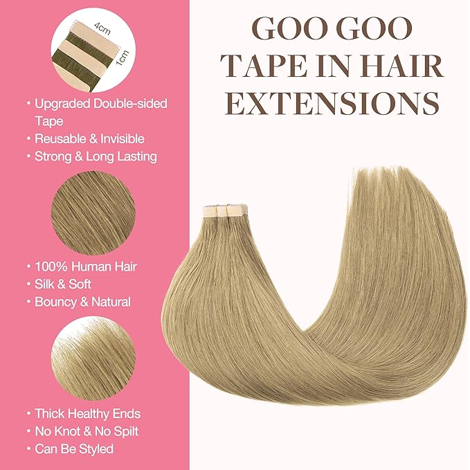 GOO GOO Tape in Hair Extensions Human Hair, 7 Bronde, 18inch 100g 40pcs, Skin Weft Seamless Invisible, Silky Straight with Thick Ends, Remy Human Hair
