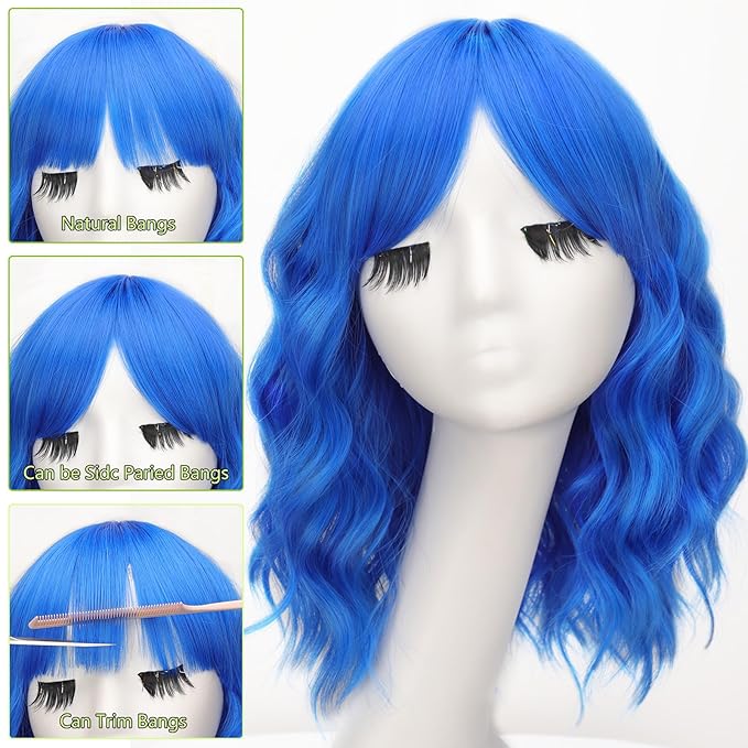 AISI HAIR Blue Synthetic Wavy Curly Bob Wig with Bangs Short Wavy Hair for Women Synthetic Heat Resistant Bob Wigs