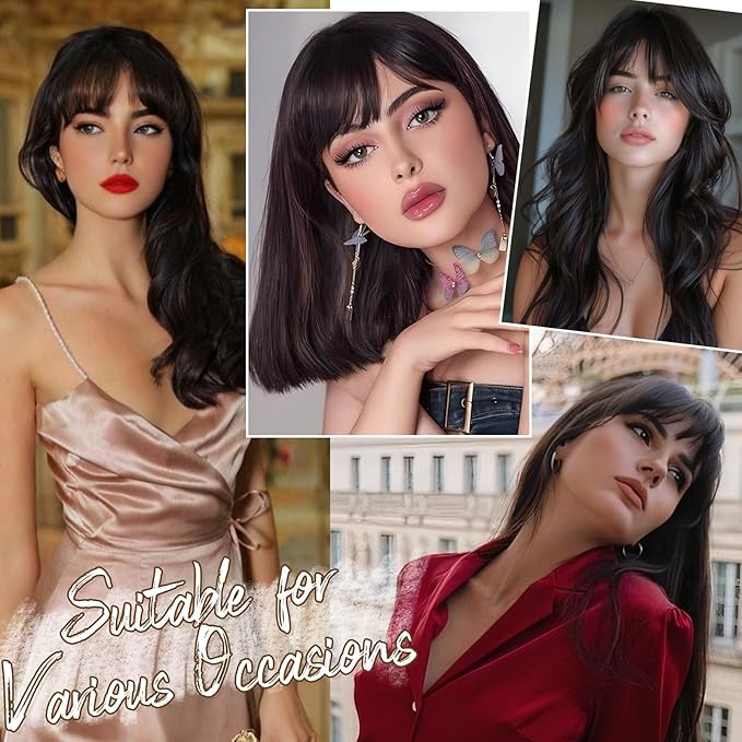 BARSDAR Human Hair Clip in Bangs - 100% Real Hair Extensions for Women - Dark Brown Thick Fringe With Temples Hairpieces