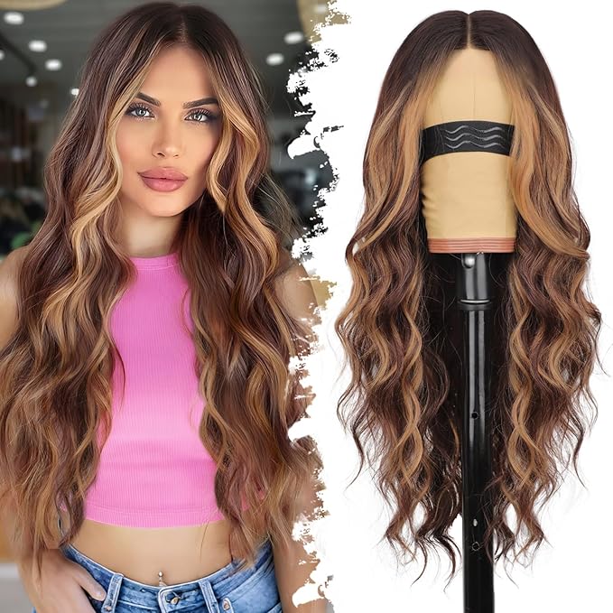 Long Chocolate Brown Highlights Wig with Bangs for Women,Layered Hairstyle Synthetic Heat Resistant for Daily Party Use 26 inch