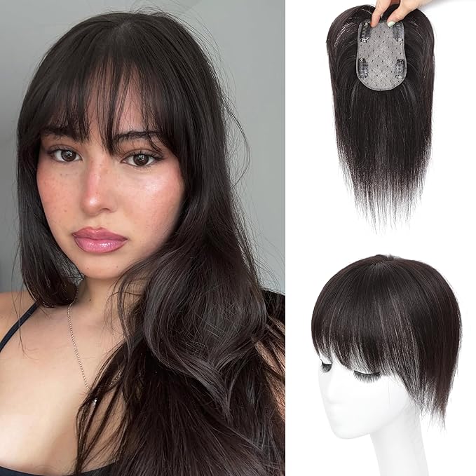 Human Hair Toppers for Women - 150% Density Clip In Hair Topper with Bangs U Shape 10 Inch Toppers Hairpieces for Women Perfect for Thinning Hairr Ideal for Daily Use Brown Black