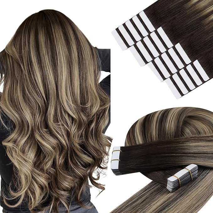 YoungSee Tape in Extensions Human Hair Balayage Tape in Hair Extensions Ombre Dark Brown to Ash Blonde 14 Inch Remy Human Hair Tape-in Extension for Women 20pcs 50g
