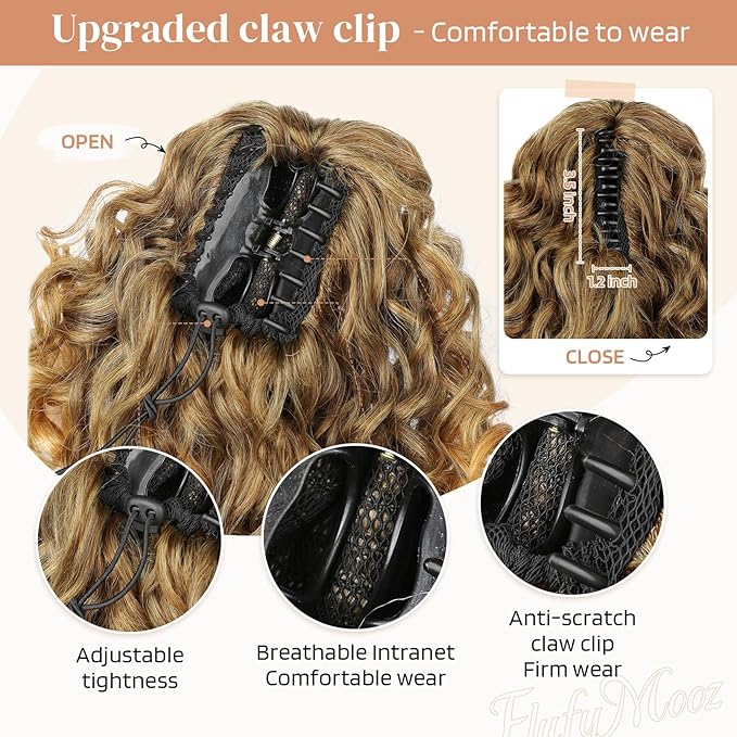 FLUFYMOOZ 100％ Pure Protein Ponytail Extension, 18 Inch Curly Claw Clip Ponytail Hair Extensions Natural Soft pony tail hairpiece for women-Medium Brown with Golden Blonde