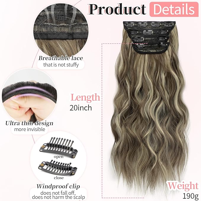 KooKaStyle Clip in Synthetic Highlight Hair Extensions Long Wavy 4PCS Thick Hairpieces Medium Brown Ash Blonde Fiber Double Weft Natural Hair Extensions 20 Inch for Women