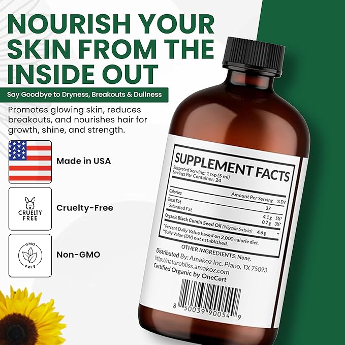 NaturoBliss Organic Black Seed Oil 100% Virgin Cold Pressed Omega 3 6 9 Super Antioxidant for Immune Support, Joints, Mobility, Digestion, Hair Skin Vegan, Gluten-Free, Non-GMO USDA Certified 4oz