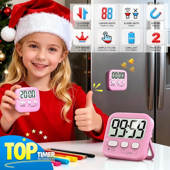 Antonki 2 Pack Digital Timer for Kids, Magnetic Countdown Kitchen Timers for Cooking, Egg, Classroom, Teacher, Exercise, Study, Oven - Battery Included