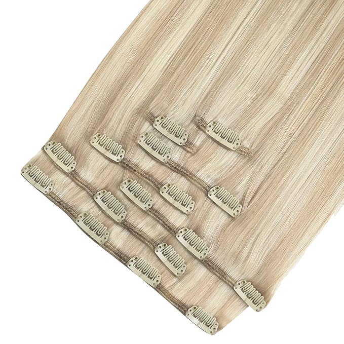 YoungSee Blonde Hair Extensions Clip ins Ash Blonde Human Hair Clip in Extensions Highlights Bleach Blond Clip in Hair Extensions Real Human Hair for Full Head 20 inch 100G 7Pcs
