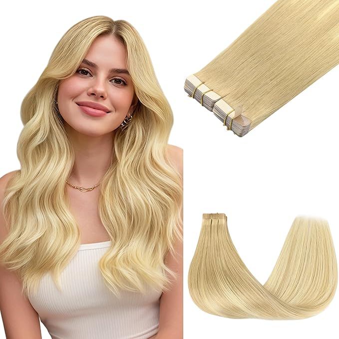 GOO GOO Tape in Hair Extensions Human Hair, 18AT60A Pearl Ash Blonde Highlights, 14inch 100g 40pcs, Skin Weft Seamless Invisible, Silky Straight with Thick Ends, Remy Human Hair