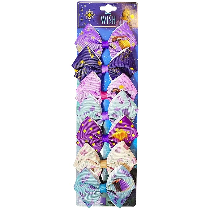 Disney Wish Kids Hair Bows - Hair Accessories Set - 7 Pcs 4 Inch Bow Bundle - Hair Bows for Girls - Different print on each clip - Alligator Clip - Ages 3+
