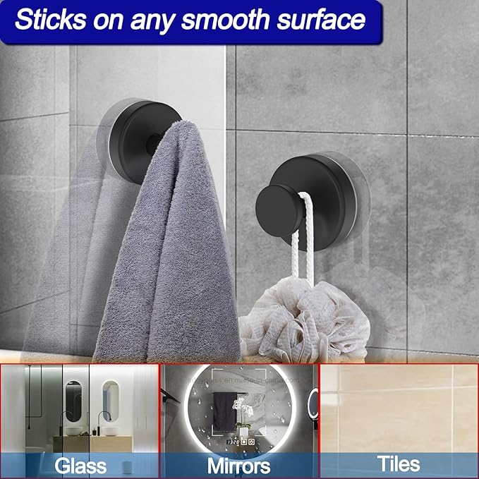 Suction Cup Hooks for Shower, Removable Towel Hooks for Bathroom Window Glass Door Wall, Bath Robe Looafh Wreath Hook for Hanging - 2 Pack, Black