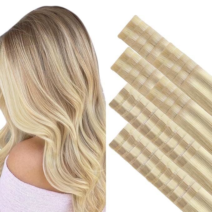 GOO GOO Invisi Edge Tape in Hair Extensions Human Hair, 18A/613A Dark Blonde Highlighted Bleach Blonde 20pcs injected with 20pcs classical tape ins, 14inch 100g, Virgin Remy Hair, Natural Look