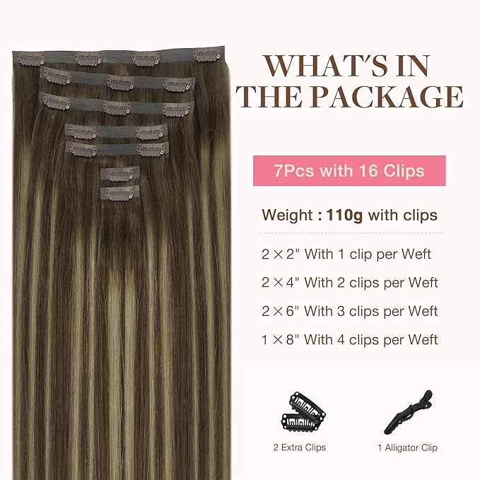 GOO GOO Clip in Hair Extensions Real Human Hair, Remy Human Hair Extensions Clip ins for Women, Natural Human Hair, 24inch 140g 7Pcs, #4/26/4 Balayage Chocolate Brown to Honey Blonde