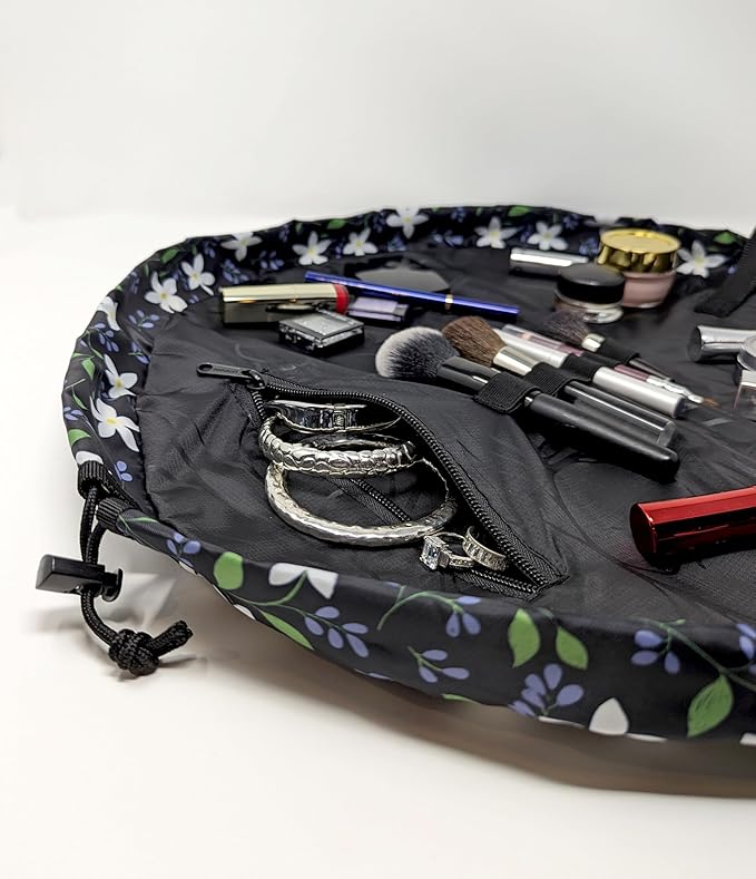 Lay-n-Go Cosmo Drawstring Cosmetic & Makeup Bag Organizer - Portable Drawstring Makeup Bag w/Zipper Pocket, Makeup Loops & More - Durable, Machine Washable Toiletry Bag (20", Floral Large)