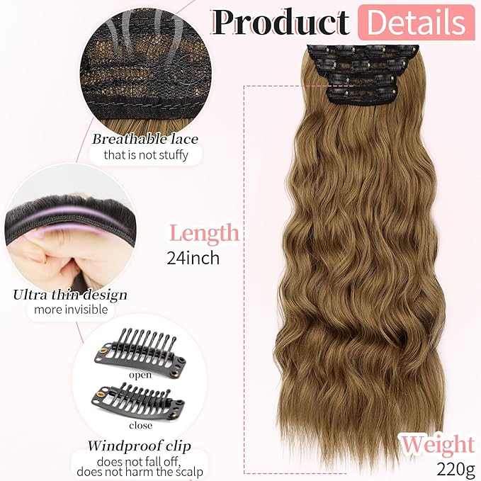 KooKaStyle Clip in Synthetic Hair Extensions Long Wavy 4PCS Thick Hairpieces Brown with Multi - Tone Highlights Fiber Double Weft Natural 24 Inch for Women