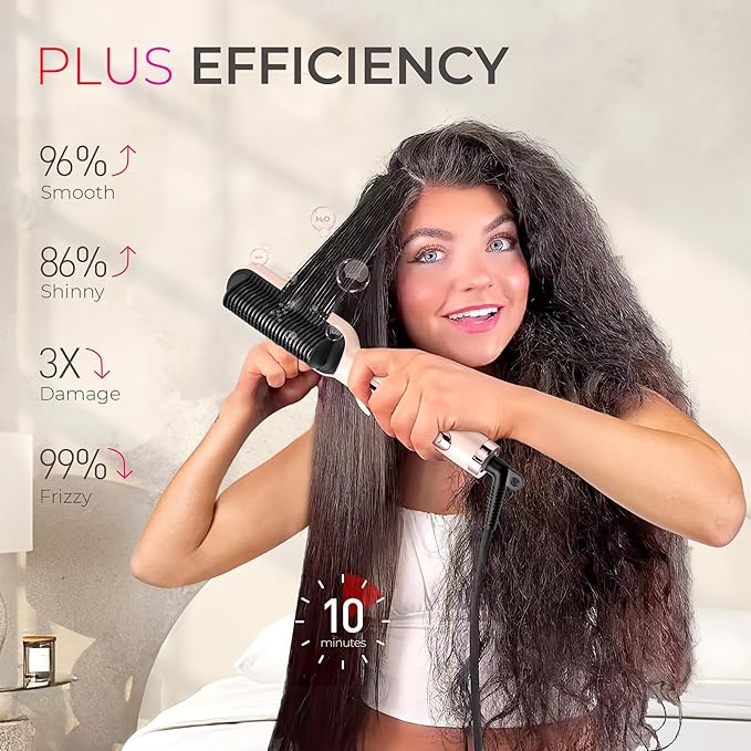 TYMO Ring Plus Ionic Hair Straightener Brush - Straightening Comb with Negative Ions for Women, Titanium Coating, 9 Temp Settings & LED Display, Dual Voltage, Professional Styling Tools, Gold Blush