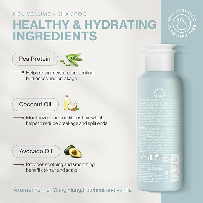 Neuma Neu Volume Shampoo 8.5 Fl. Oz. Fennel, Ylang Ylang, Patchouli, and Vanilla Scent, Sulfate Free Shampoo
