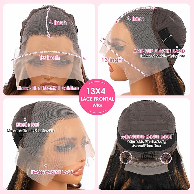 Highlight Ombre Lace Front Wig Human Hair Straight Wigs Human Hair 1B/30 Brown Highlight 13x4 Lace Front Wigs human hair Pre Plucked 200% Density Colored 26 Inch Balayage Glueless Wigs for Women