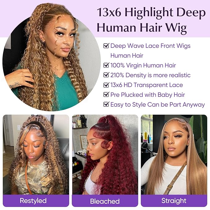 30inch Highlight Ombre Lace Front Wig Human Hair Deep Wave 13x6 HD Honey Blonde Lace Frontal Wigs P4/27 Curly Human Hair Wig Glueless Wigs Human Hair