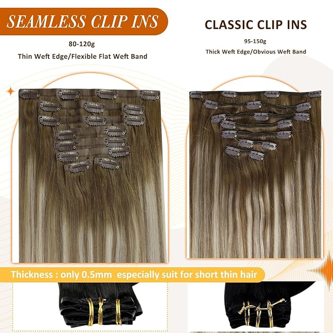 Full Shine Seamless Clip in Hair Extension with PU Weft Brown Balayage Chestnut Brown Ombre Platinum Blonde Short Hair Extensions Clip in Extensions for Women 12 Inch 8 Pcs 95 Grams